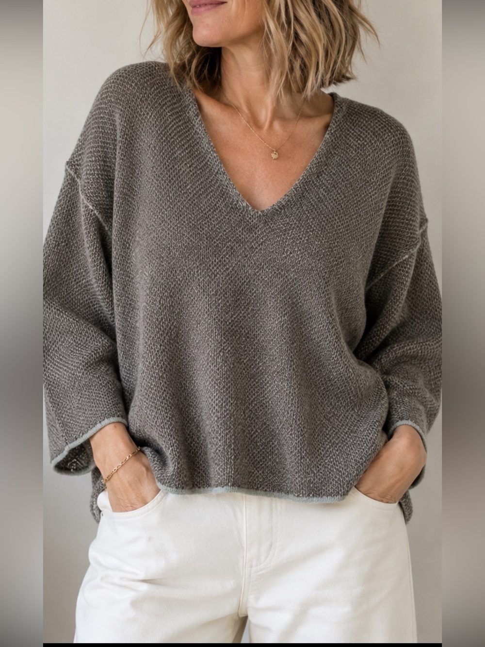 SOYER Women’s Mohair Blend V-Neck Oversized Knit Sweater Taupe 24x23